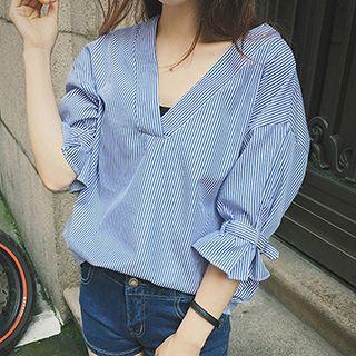 Striped V-neck Elbow Sleeve Top