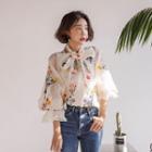 Set: Tie-front Embroidered Blouse + Spaghetti-strap Top One Size