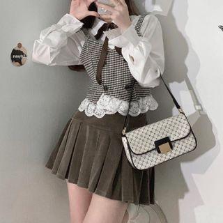 Long-sleeve Plain Tie-neck Shirt / Plaid Lace Trim Vest / High-waist Pleated Mini Skirt