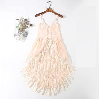 Set: Lace Trim Spaghetti Strap Shift Dress + Midi A-line Skirt