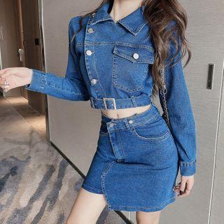 Long-sleeve Single-breasted Denim Cropped Top + High-waist Asymmetric Denim Skirt