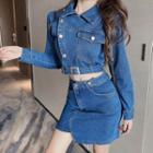 Long-sleeve Single-breasted Denim Cropped Top + High-waist Asymmetric Denim Skirt