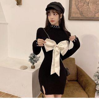 Bow Side Split Sheath Dress Black - One Size