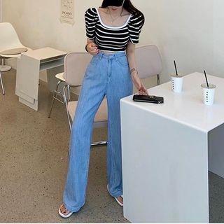 Short-sleeve Striped Knit Crop Top / High-waist Wide-leg Jeans