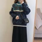 Patterned Sweater / Midi A-line Skirt / Set