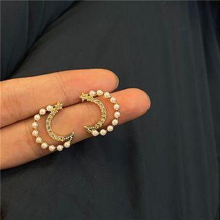 Moon Stud Earring 1 Pair - S925 Silver Needle - Gold - One Size