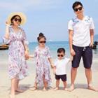 Family Matching Elbow-sleeve V-neck Dress/ Set: Short-sleeve T-shirt + Drawstring Shorts