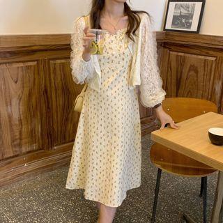 Plain Cardigan / Spaghetti Strap Floral Midi A-line Dress / Set