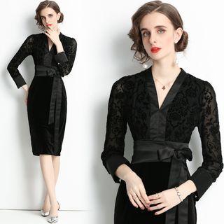 Long-sleeve Floral Lace Bow Midi Sheath Dress