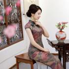 Short-sleeve Printed Midi Qipao Dress