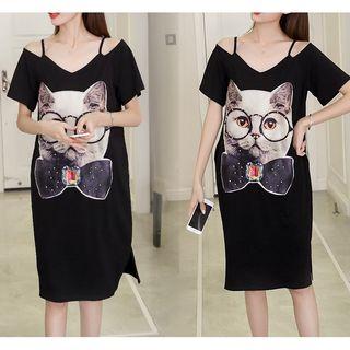 Cat Print Cold Shoulder Short-sleeve Midi T-shirt Dress