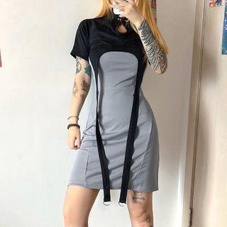 Set: Short-sleeve Strappy Crop Top + Spaghetti Strap Mini Sheath Dress