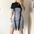 Set: Short-sleeve Strappy Crop Top + Spaghetti Strap Mini Sheath Dress