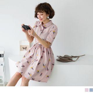 Ice-cream Print Gather-waist Shirtdress