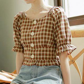 Puff Sleeve Square Neck Plaid Print Top