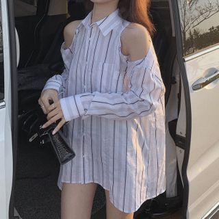 Cold-shoulder Striped Shirt Striped - White - One Size