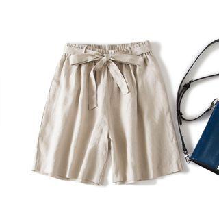 Plain Tie-waist Straight-cut Shorts