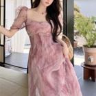 Puff-sleeve Mesh Dress Pink - One Size