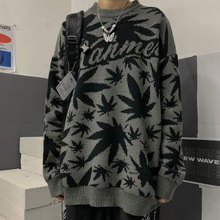 Leaf Print Lettering Sweater