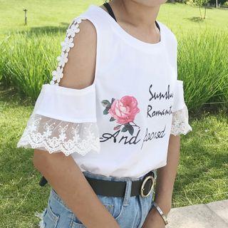 Printed Cut Out Shoulder Crochet Trim T-shirt