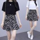 Set: Short-sleeve Flower Embroidered T-shirt + Floral Print Mini A-line Skirt