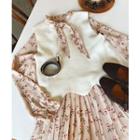 Set: Scallop-hem Knit Vest + Floral Print Dress Beige - One Size