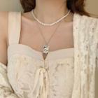 Alloy Tag Pendant Faux Pearl Layered Choker Necklace