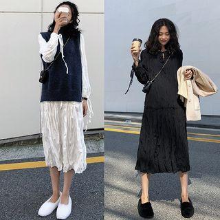 Tie-neck Long Sleeve Pleated Dress