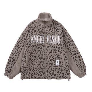 Lettering Leopard Print Fleece Zip Jacket