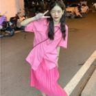 Elbow-sleeve Shirt / Accordion Pleat Midi A-line Skirt