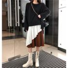 Asymmetrical Pullover / Two-tone Midi Accordion Pleated Skirt