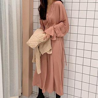 Long-sleeve Drawstring Midi Chiffon Dress Pink - One Size