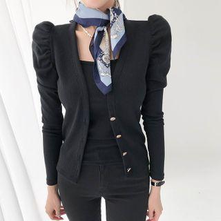 Puff-shoulder Rib Cardigan & Cami Set