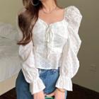Lace-up Ruffle Trim Cropped Blouse White - One Size
