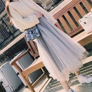 Set: Sweater + Sheer Overlay A-line Midi Skirt