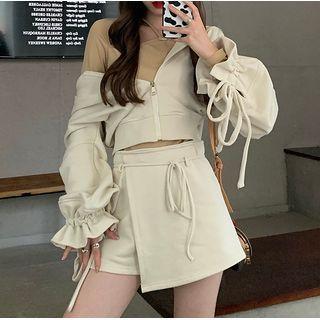Long-sleeve Plain Drawstring Hooded Jacket / Asymmetrical Skort