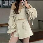 Long-sleeve Plain Drawstring Hooded Jacket / Asymmetrical Skort