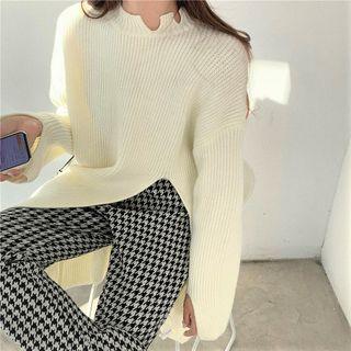 Long-sleeve Side-slit Knit Sweater / Houndstooth Slit Pants