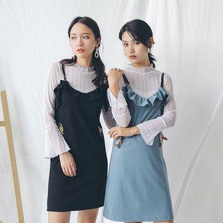 Set: Bell-sleeve Top + Ruffled Pinafore Dress
