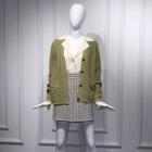 Cable-knit Cardigan / Lapel Collar Shirt / Plaid Mini A-line Skirt