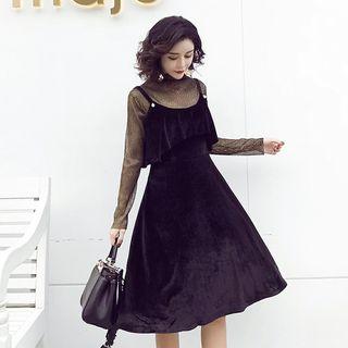 Set: Mock Neck Long Sleeve Mesh Top + Velvet Spaghetti Strap Dress