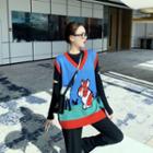 Cut-out Long-sleeve T-shirt / Printed Knit Vest / Wide-leg Pants