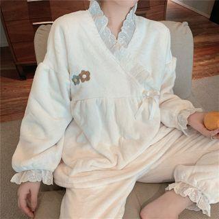 Set:embroidered Fleece Top + High-waist Pants As Shown In Figure - One Size