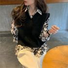 Long-sleeve Floral Printed Chiffon Shirt / Plain Knit Vest