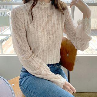 Keyhole-back Sheer Lace Blouse Light Beige - One Size