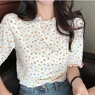 Floral Print Ruffle-trim T-shirt