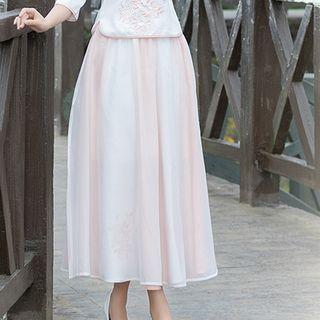 Embroidered Two-tone A-line Midi Skirt