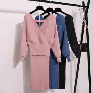 Set: Long-sleeve Knit Top + Knit Midi Skirt