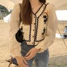 Long-sleeve Floral Embroidered Knit Panel Blouse Navy Blue - One Size