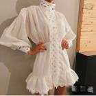 Long-sleeve Lace-up Shirred Mini Sheath Dress